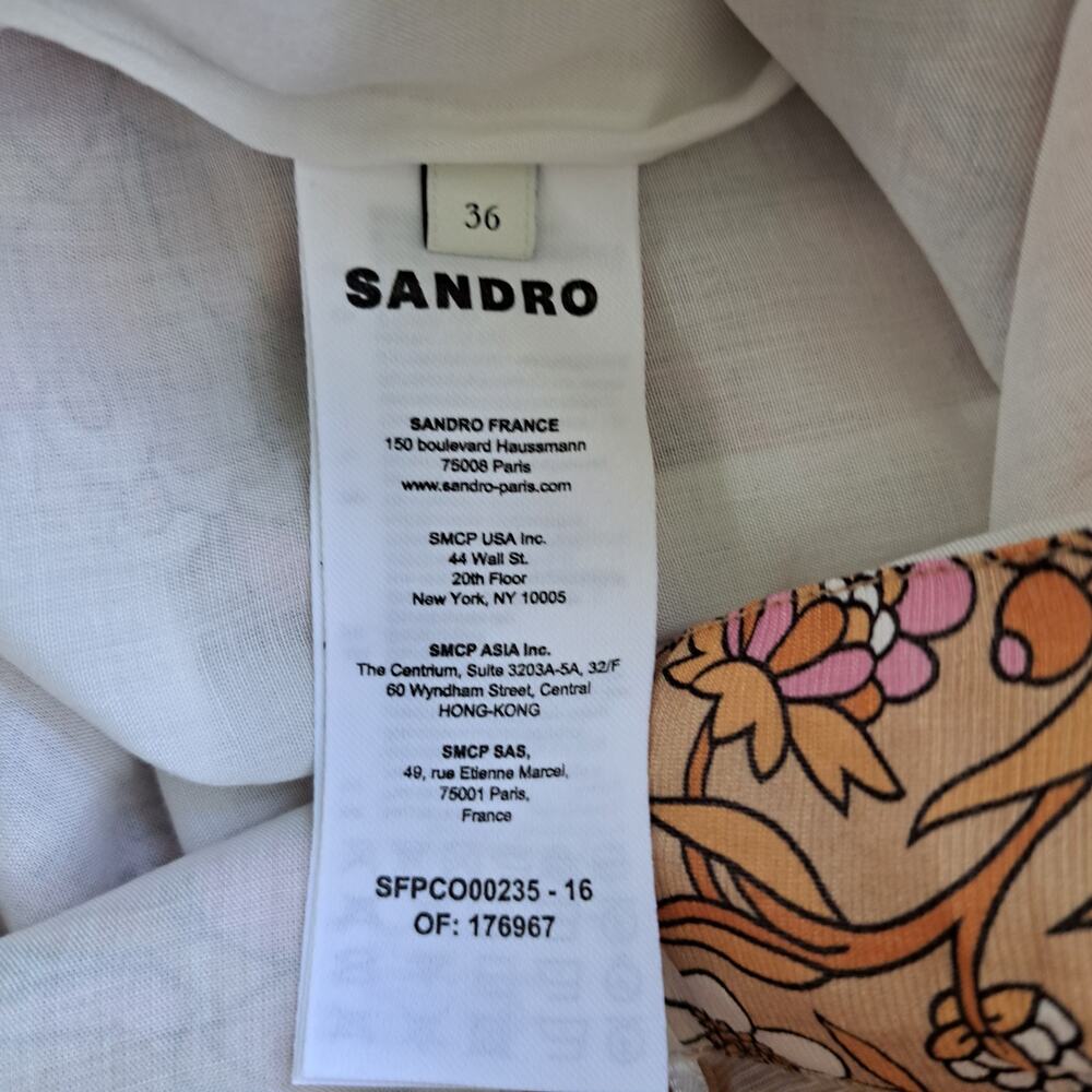SANDRO Dieppe Printed Wide Leg Jumpsuit Size 36/4 Tan Retro Floral Cutout Plunge - Picture 7 of 11